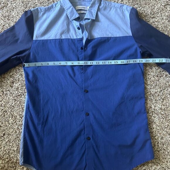 Calvin Klein Men’s Tri-Colored Blue Button Up Retro Body Fit Cotton Shirt Medium - Picture 3 of 7
